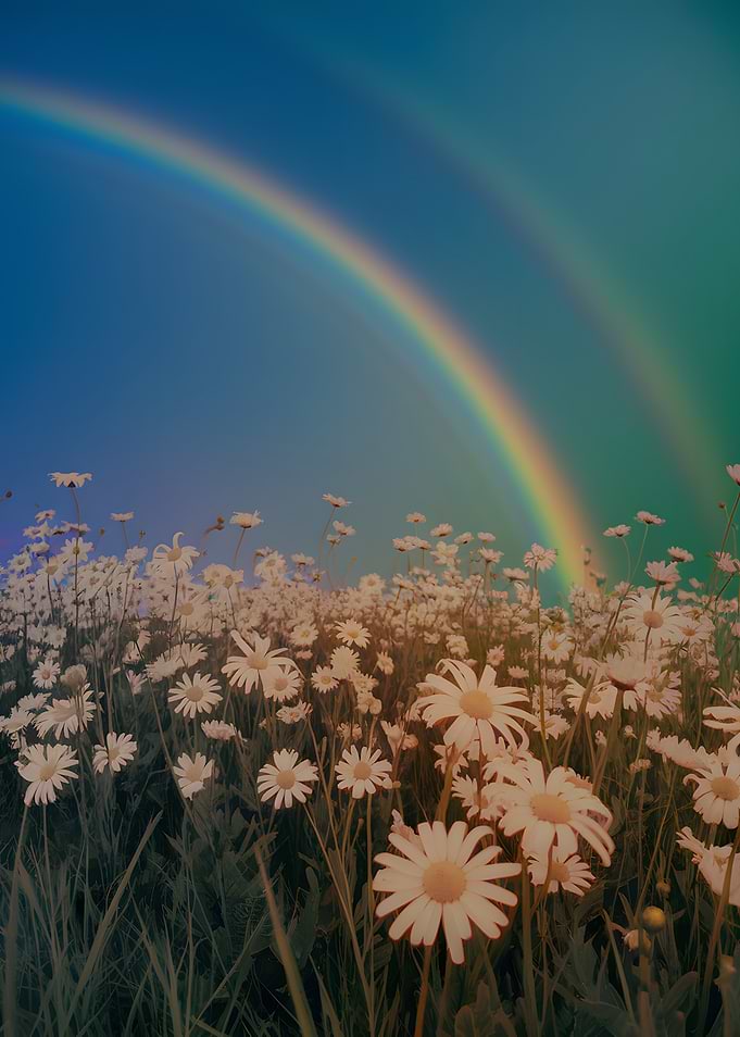 Daisy field with double rainbow