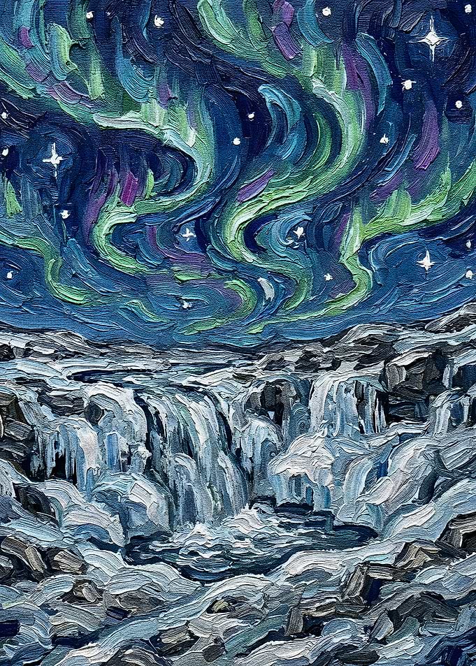 Aurora Borealis over Waterfall Painting