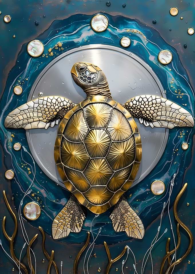 Golden Turtle in Ocean Art