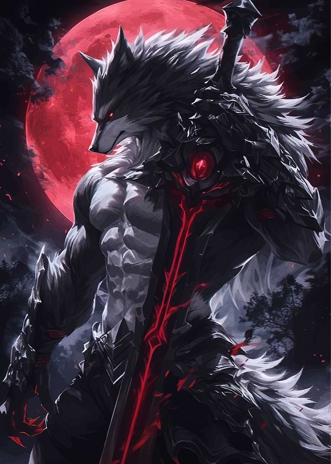 Werewolf Warrior with Red Moon