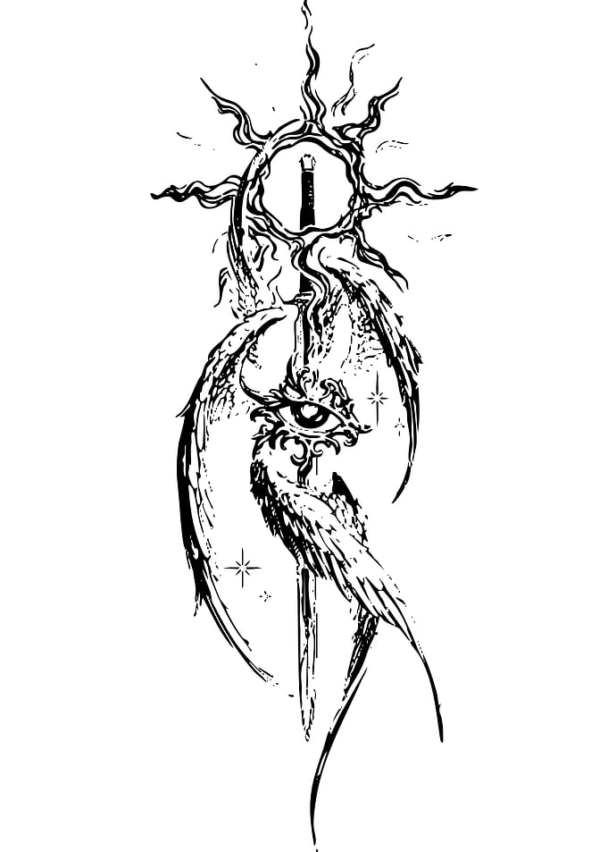 Monochrome Fantasy Symbol with Eye and Sword