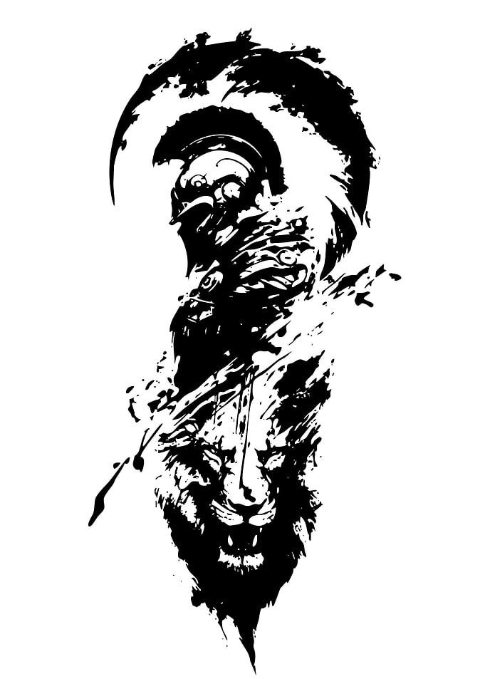 Spartan and Lion Black Ink Illustration