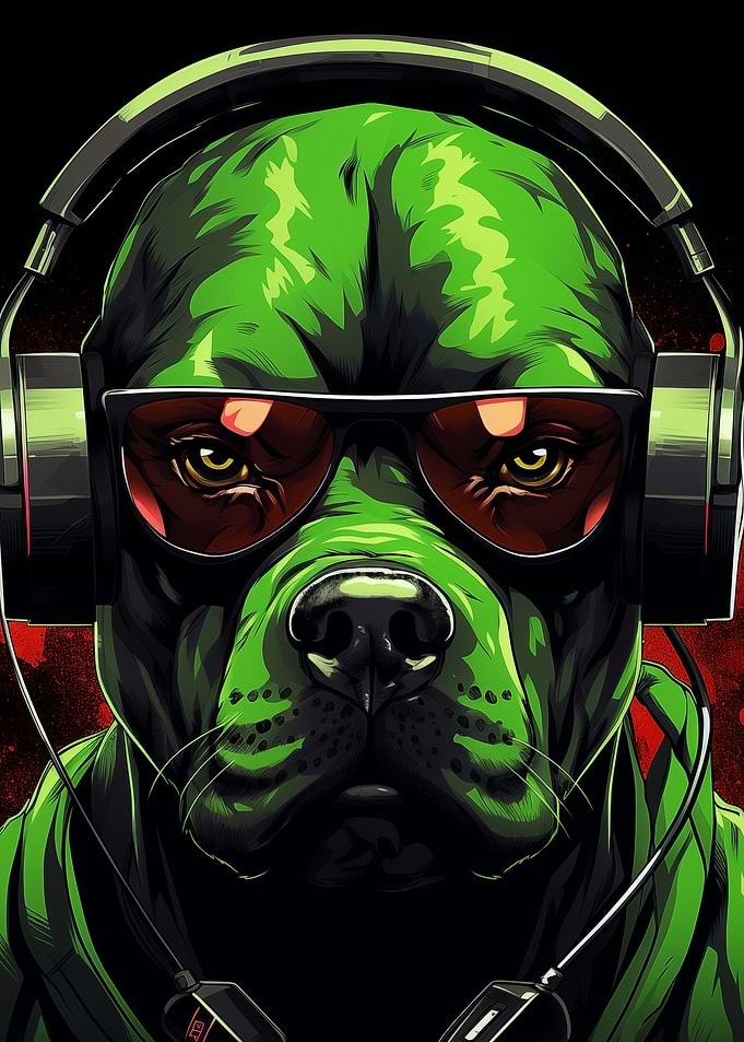 Green Dog with Headphones