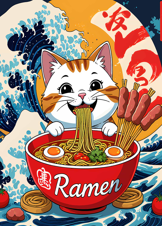 Cartoon Cat Eating Ramen with Chopsticks