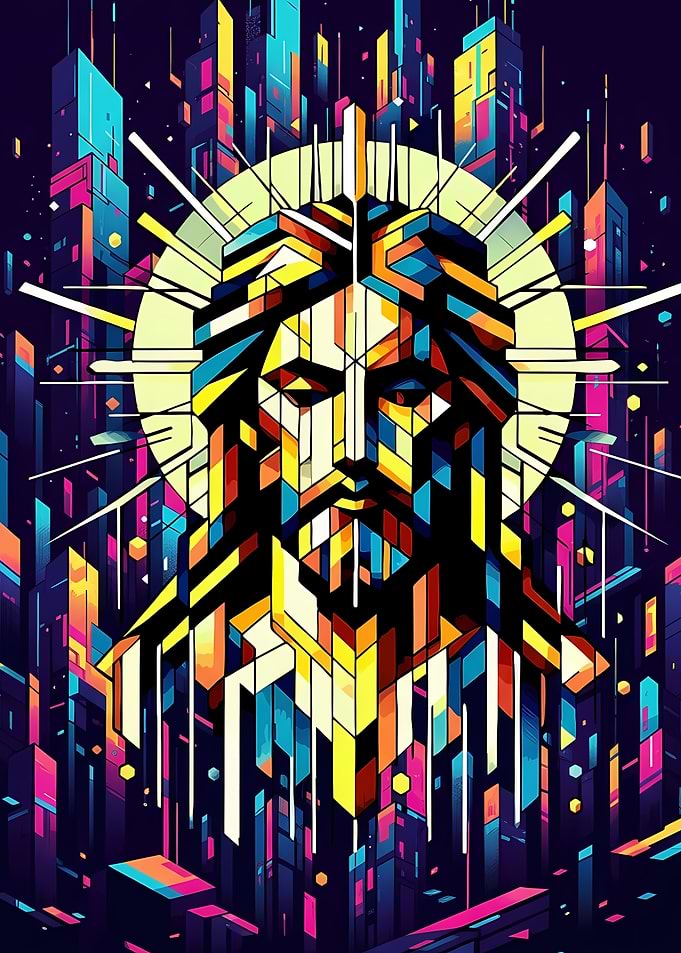 Geometric Jesus Portrait with Cityscape