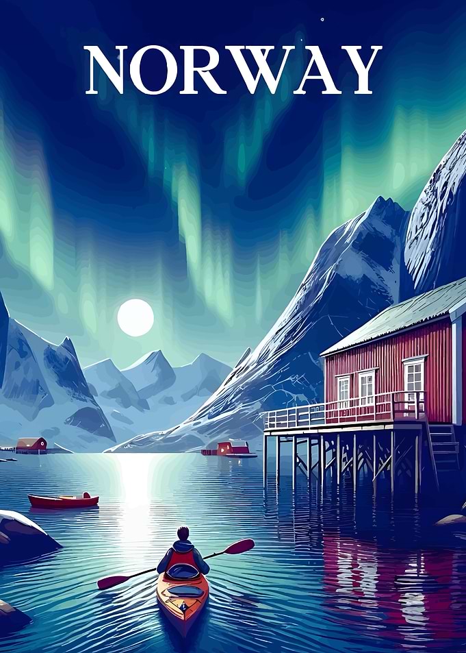 Norway Landscape with Kayak and Aurora