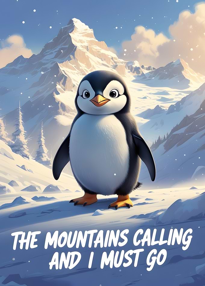 Cartoon Penguin in Snowy Mountain Landscape