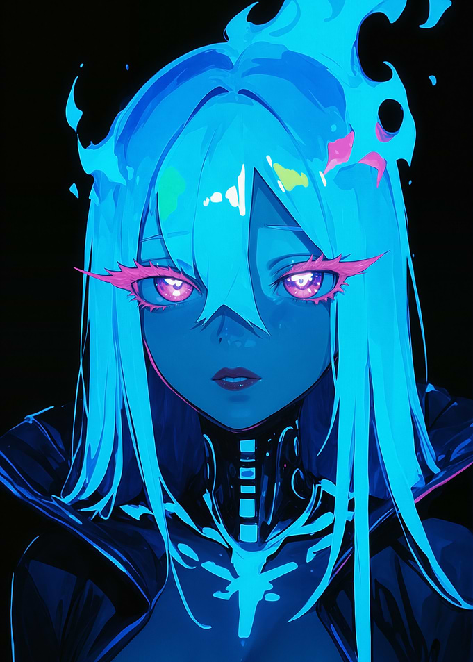 Blue Anime Girl with Flaming Hair