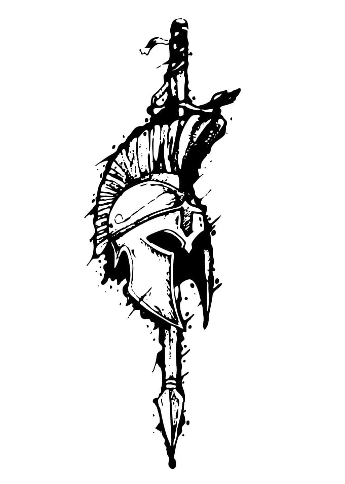 Spartan Helmet and Sword Black Ink