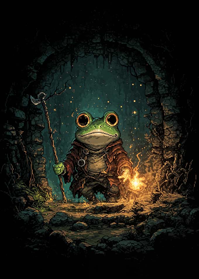 Frog Wizard in Cave Pixel Art