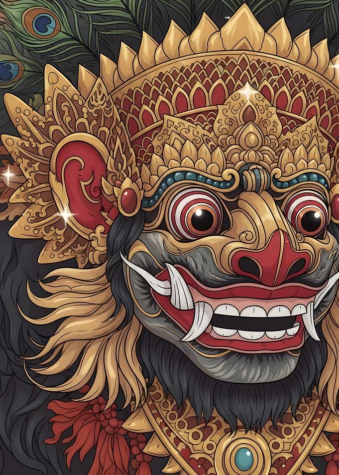 Balinese Mask Illustration with Peacock Feathers