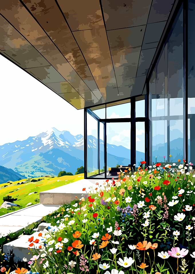 Modern house with mountain view and flowers
