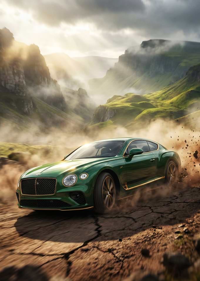Green Bentley Continental GT Speed in Mountainous Landscape