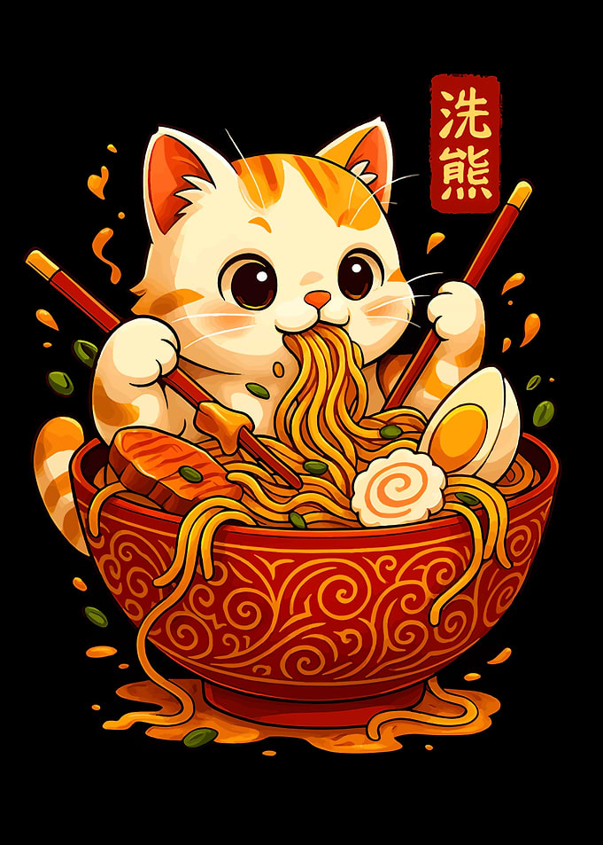 Cute Cat Eating Ramen Illustration