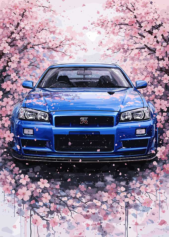 Blue Nissan Skyline with Cherry Blossoms