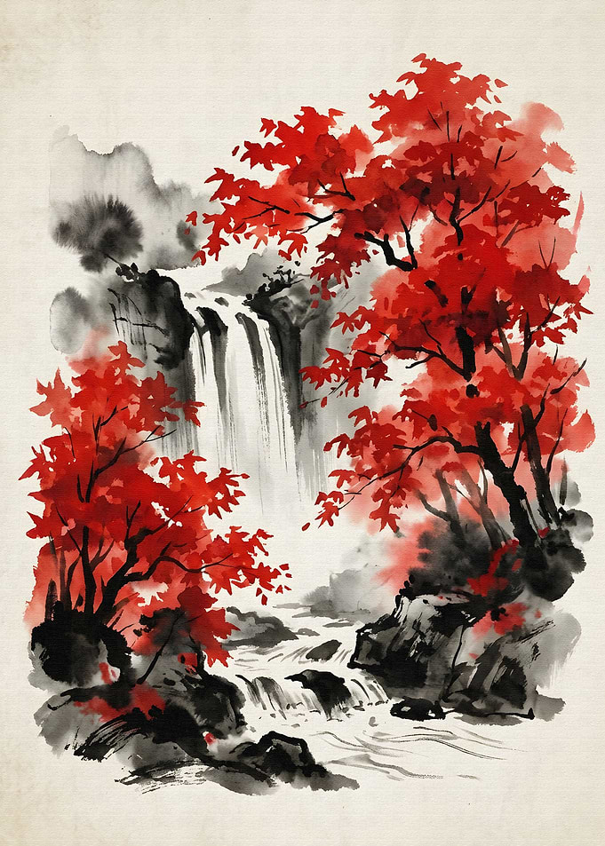 Red Maple Waterfall Ink Painting