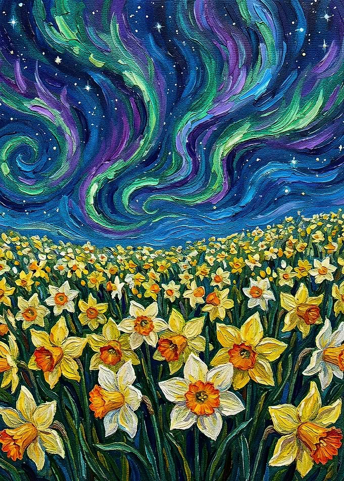 Daffodils under the Northern Lights Painting