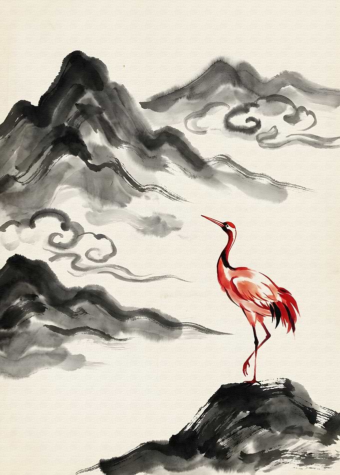 Red Crane in Asian Ink Landscape