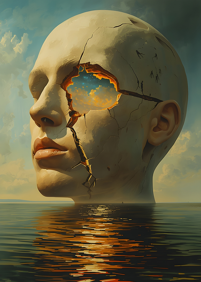 Cracked Head Sculpture in Ocean