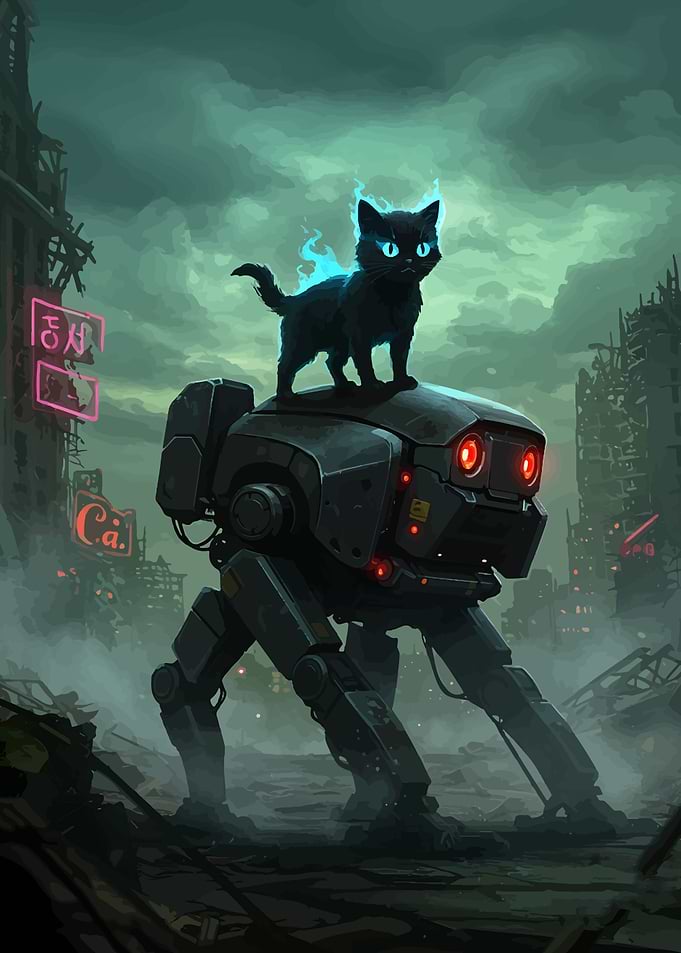 Cyberpunk Cat Riding a Robot