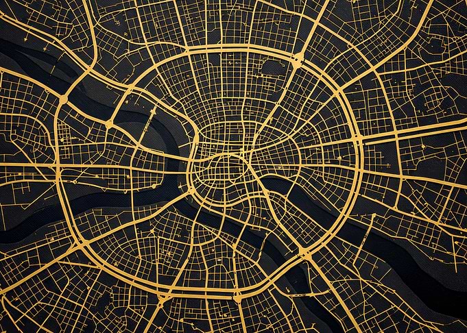 Golden City Map on Dark Background