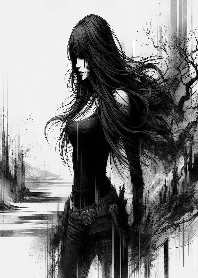 Monochrome Woman in a Dark Landscape