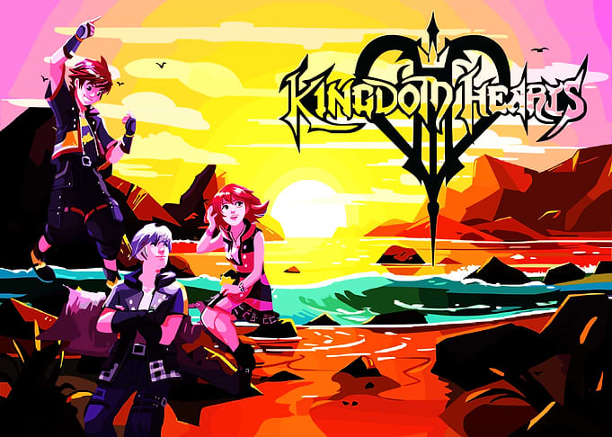 Kingdom Hearts characters on a beach