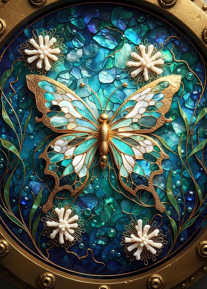 Golden Butterfly on Teal Mosaic