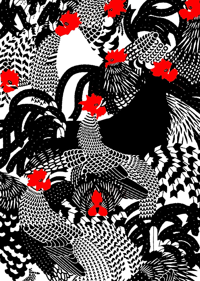 Rooster Pattern Black White Red