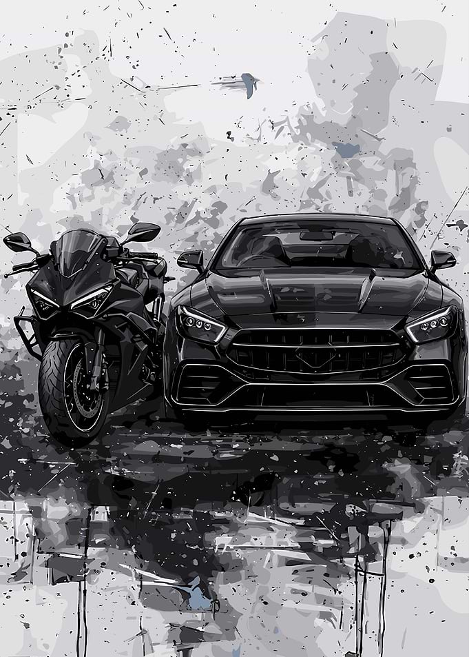 Black Car and Motorcycle Illustration