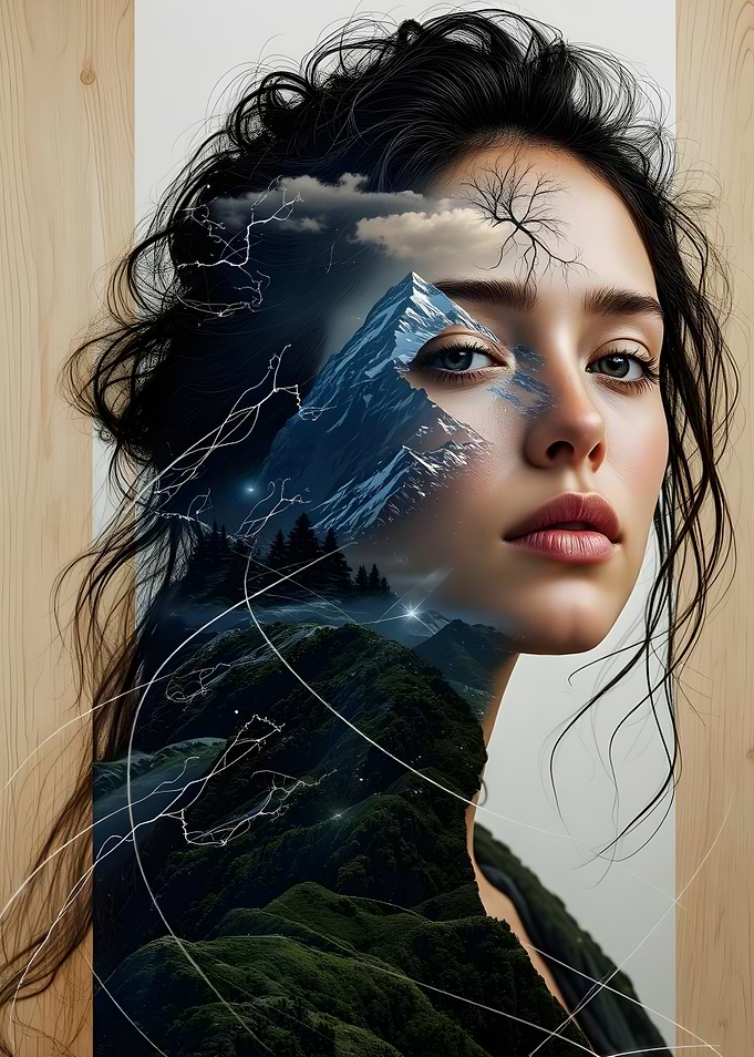 Woman with Mountain Landscape Double Exposure