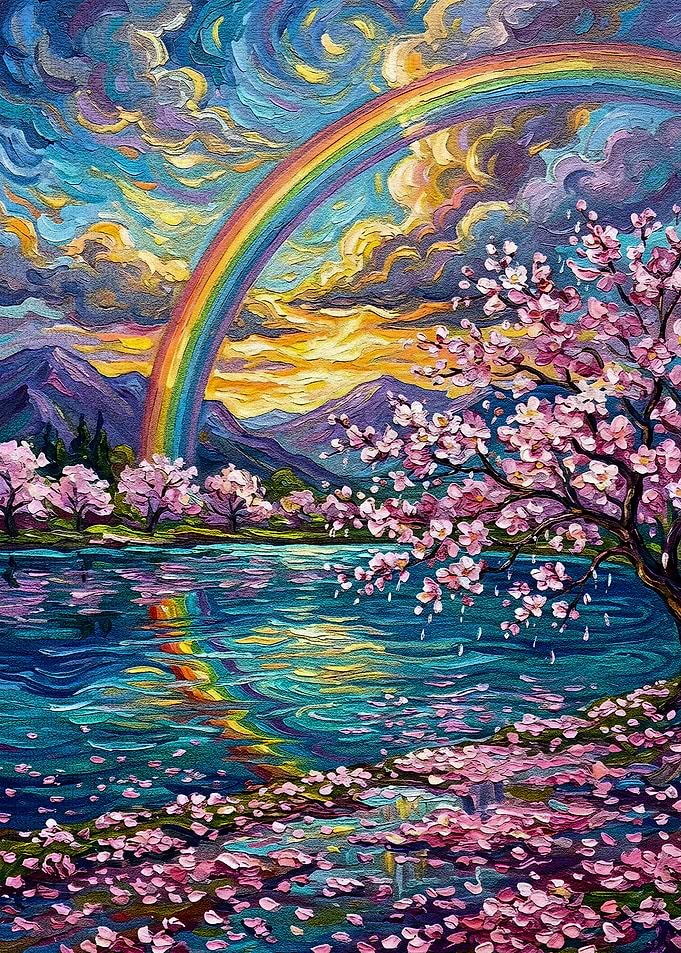 Rainbow over Cherry Blossoms Painting