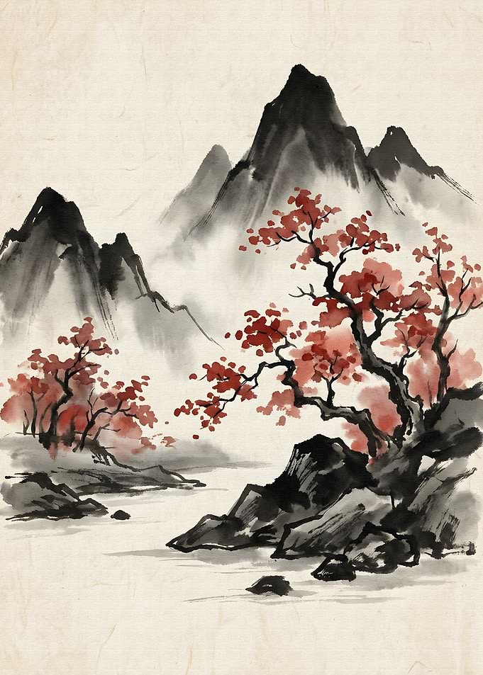 Japanese Ink Painting Landscape with Red Trees