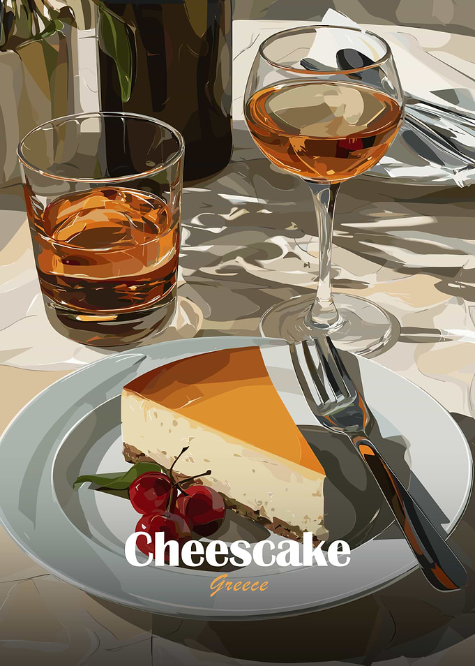 Cheesecake in Greece with drinks