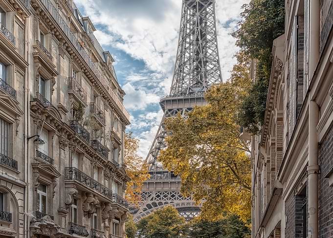 Eiffel Tower View from Parisian Street
