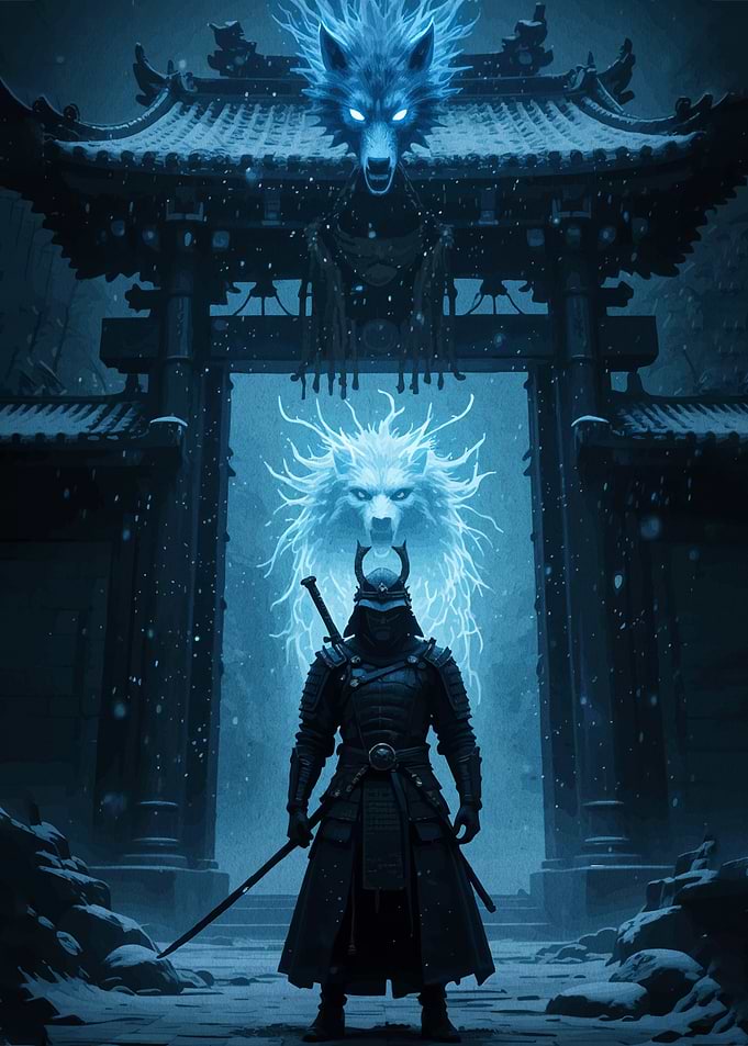 Samurai Spirit Wolves in Snowy Shrine