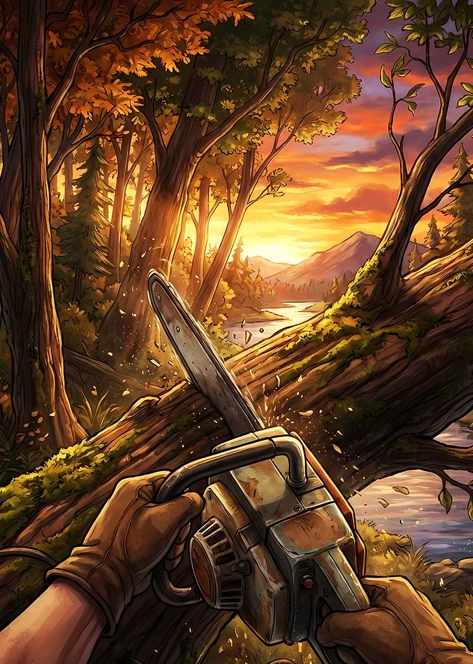 Electric Chainsaw cutting wood in a forest sunset