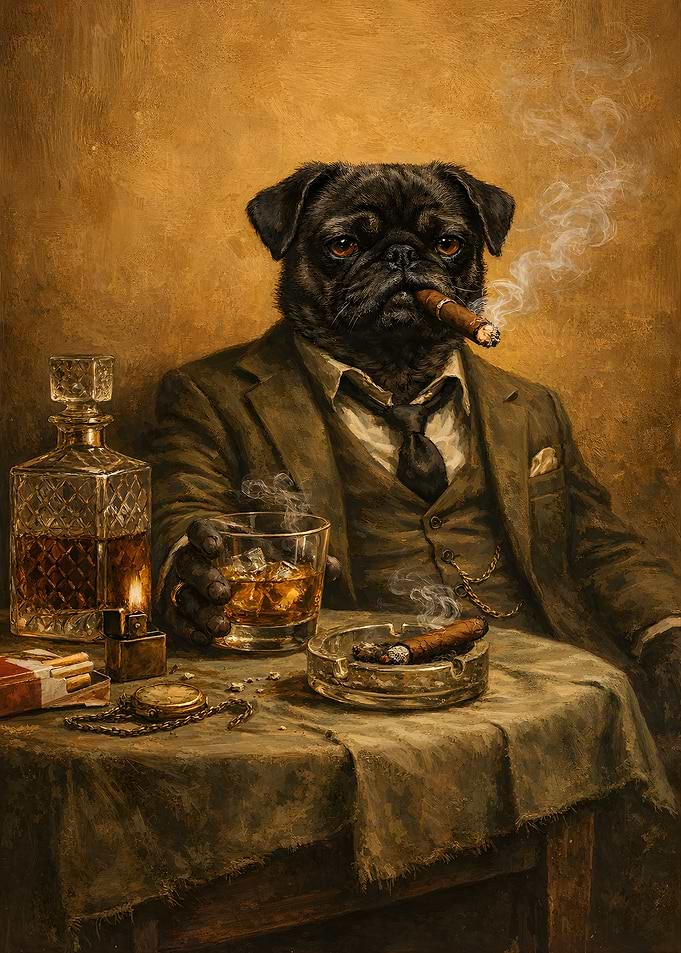 Pug Gentleman with Cigar and Whiskey