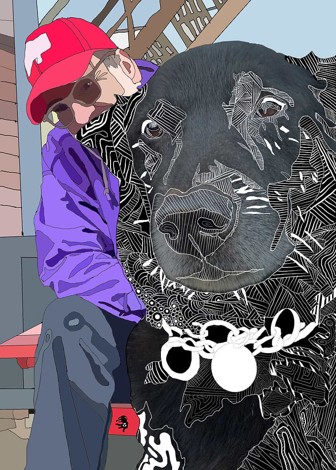 Man and Dog Portrait with Line Art