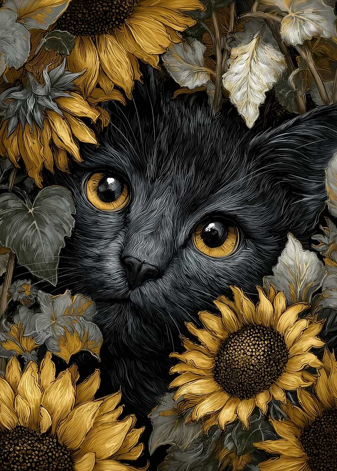 Black Cat Among Golden Sunflowers