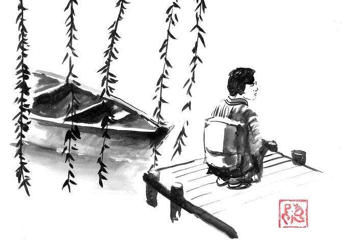 Ink Wash Painting: Woman by River