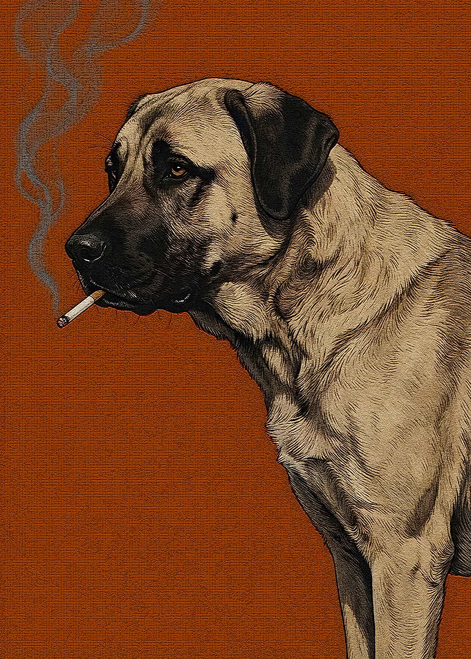 Dog Smoking Cigarette on Orange Background