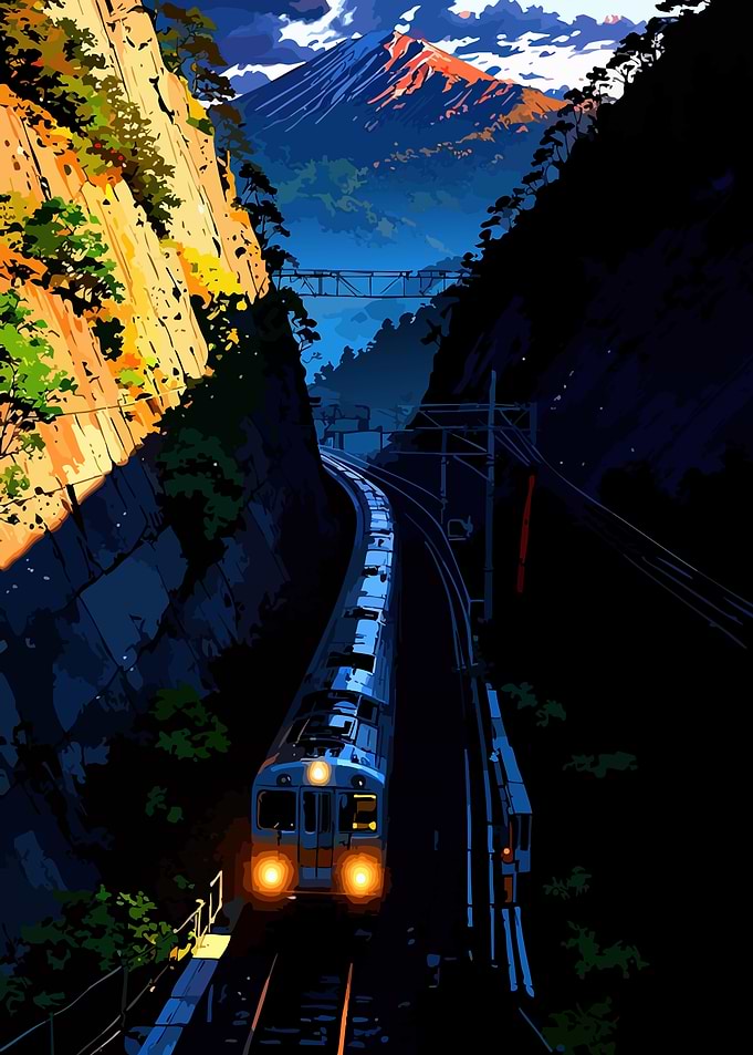 Train Through Mountain Pass Landscape