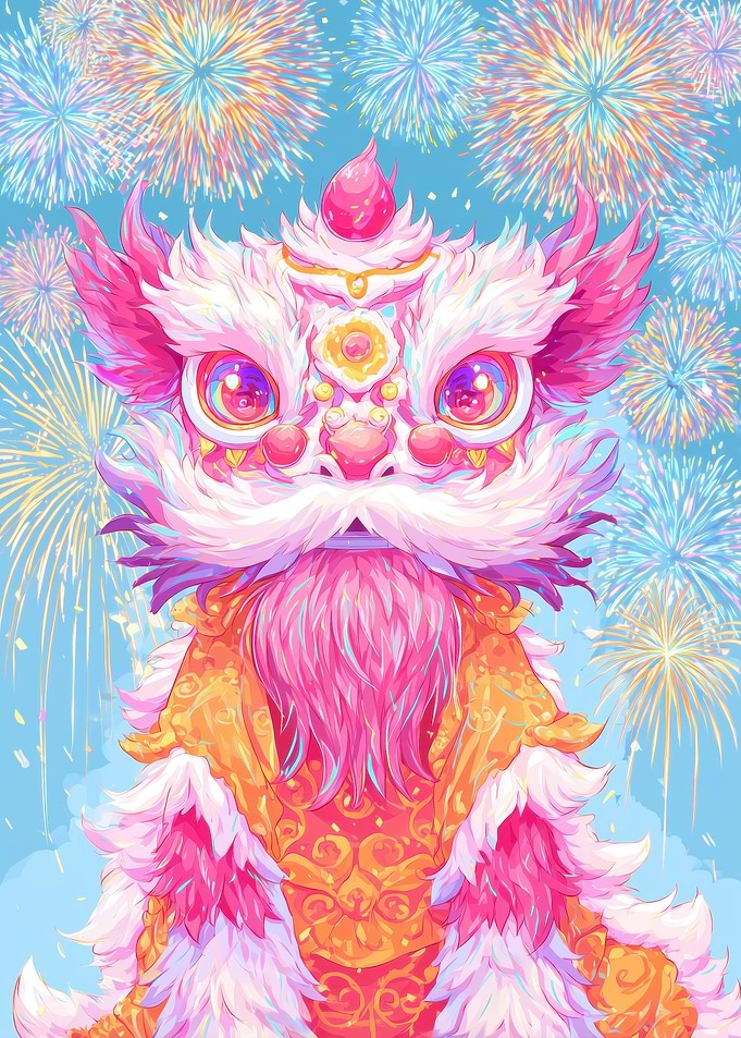 Pink Lion Dance with Fireworks