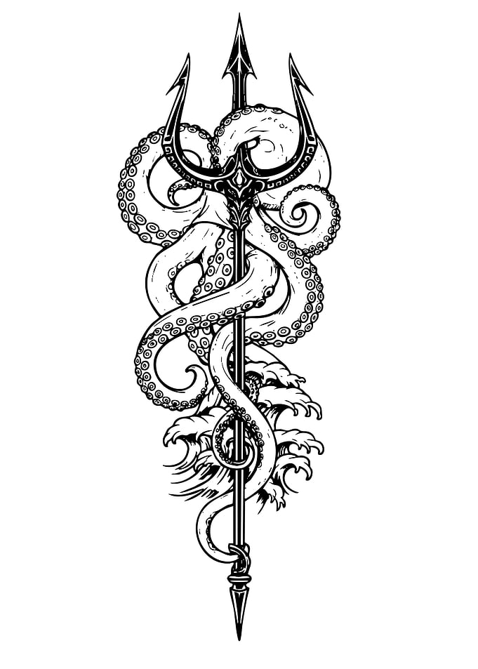 Trident and Octopus Black and White Art