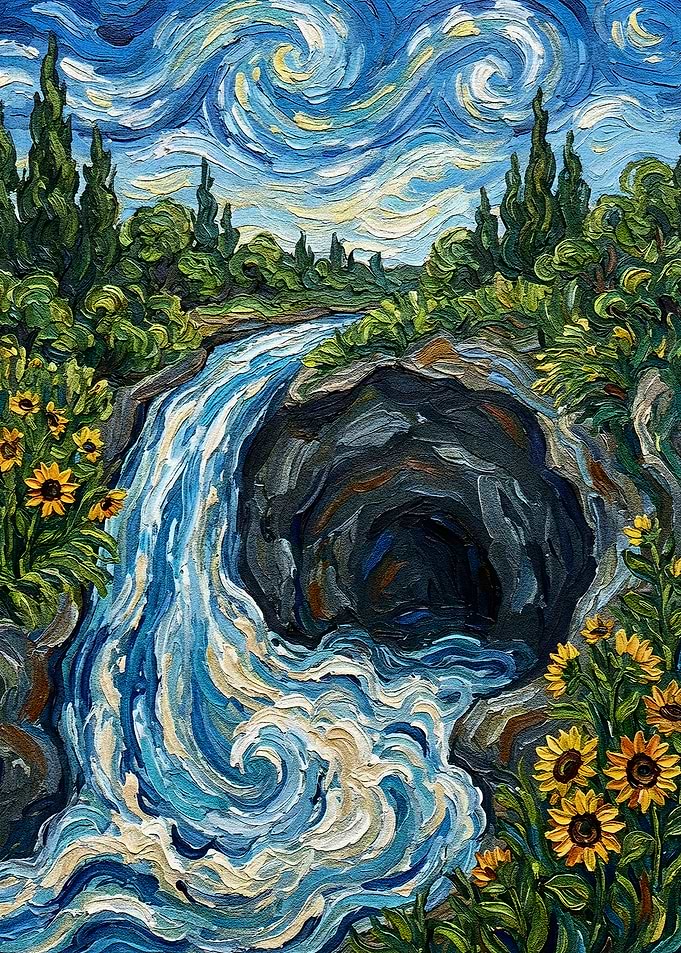 Waterfall and Cave in Van Gogh Style
