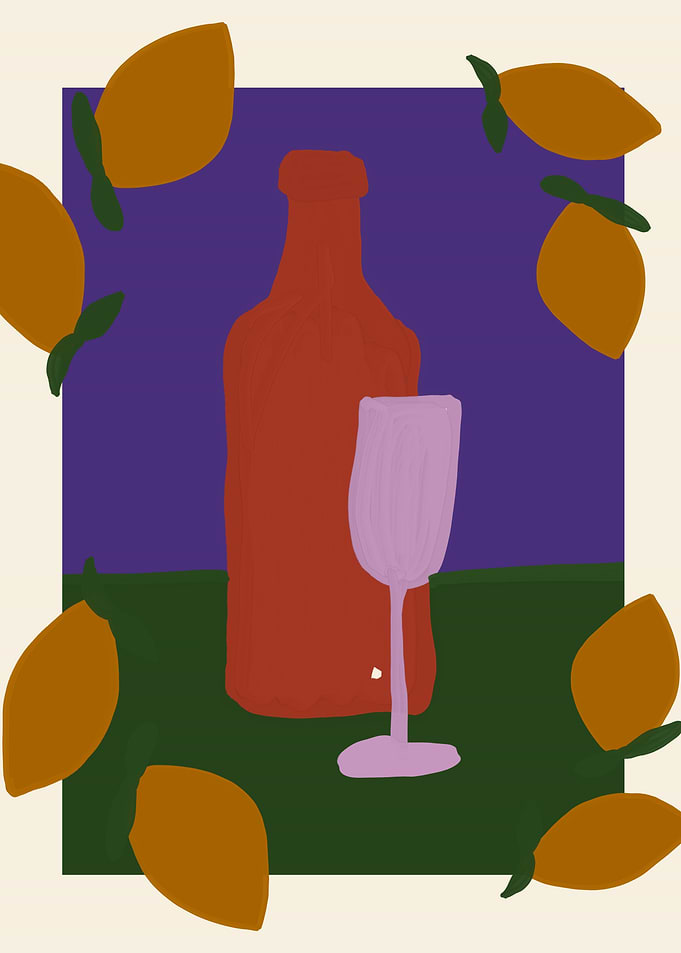 Wine Bottle and Glass with Lemons
