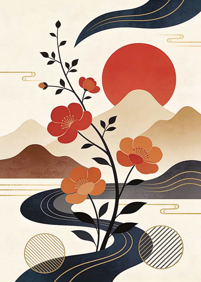 Japanese Floral Landscape with Rising Sun