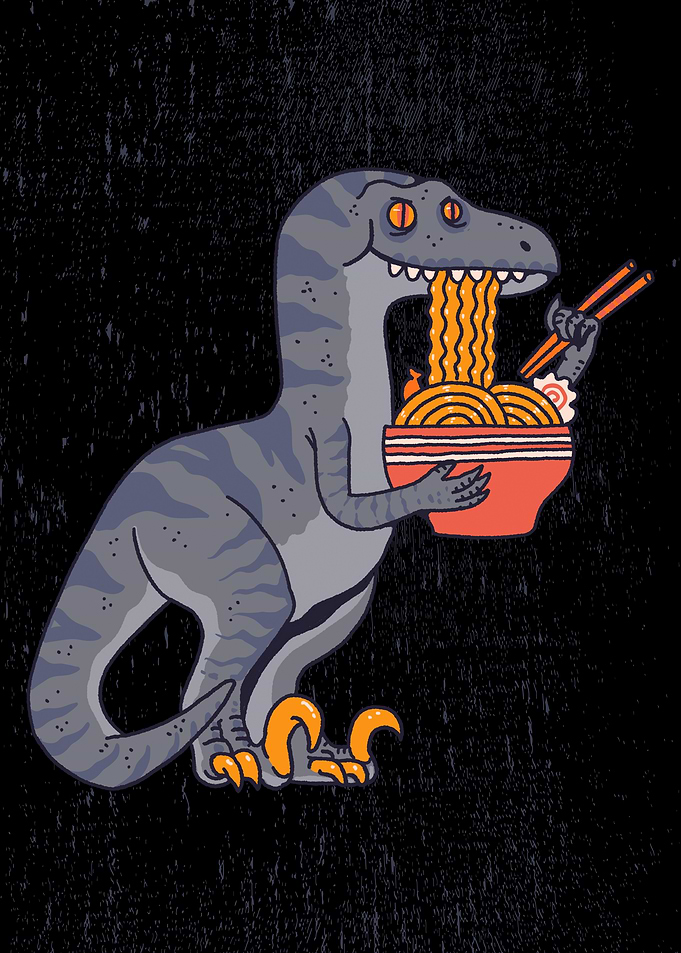 Dinosaur eating ramen illustration
