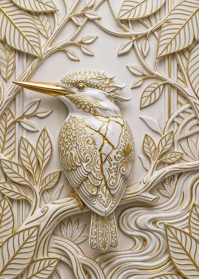 Elegant Gold Kingfisher Bird Art – Luxury White & Gold Nature Wall Decor